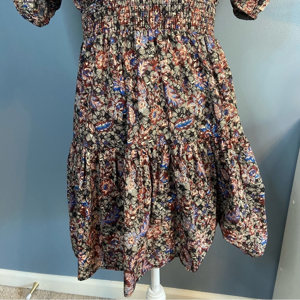 INA Dark Floral Puffy Short Sleeve Smocked Tiered Mini Dress - Picture 9 of 13
